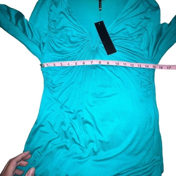 DAISY FUENTES CHIC DRESS SEASCAPE BLUE RUCHED NECKLINE SHIEATH DRESS SMALL NEW - Picture 5 of 9